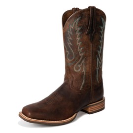 Palitutu Cowboy Boots for Women Square Toe Western Boots Wide Calf Cowgirl Boots Pull On Embroidered Full Grain Leather (PLT203603-7B-Brown)