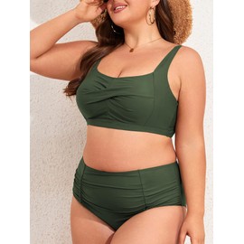 Womens Plus Size Bikini 2 Piece Plus Size Swimsuits Tummy Control Bathing Suits High Waisted Bikini Twist Front Swim Suit Army Green 2XL