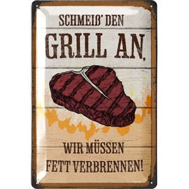 LANOLU Retro Tin Signs Grills – SchMEIß DEN GRILL AN wir müssen Fett verbrennen – BBQ Grill Retro Decoration, Grill Area Sign Garden, Papas Grillecke Sign – Metal Signs 20 x 30 cm