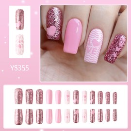 Valentine's Day Heart Press on Nails Medium Square Pink False Nails Love Heart Glitter Powder Design Coffin Nails French Valentine's Stick on Nails Full Cover Acrylic Nails DIY Glue on Nails for Women