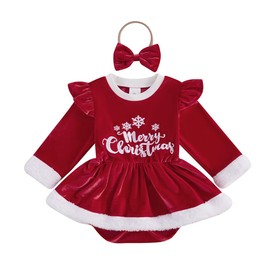 FIOMVA My First Christmas Baby Girl Outfit Newborn Velvet Ruffle Romper Dress Infant Bodysuit Cute Fall Winter Clothes (C Merry Christmas Red,3-6 Months)