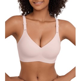 POSESHE Women's Seamless Bra Wireless Push Up Support Bra Comfort Full Coverage Bra V Neck Sleep T-Shirt Everyday Bralettes Pink