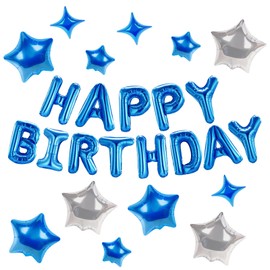 CANREVEL Happy Birthday Banner 13pcs 16 Inch Mylar Foil Letters with 12pcs Star Balloons Birthday Party Decorations for Kids and Adults - 3D Blue
