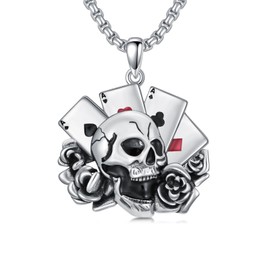 PELOVNY Poker Skull Necklace 925 Sterling Silver Rose Playing Card Pendant Poker Skull Jewelry for Fathers Day Birthday Christmas Gifts Men Women