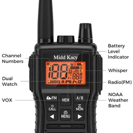 Midd Kacy MK208 Two Way Radio,Walkie Talkies,Multi-Function Walkie-Talkies with 61 Channels,121 Privacy Codes,New Flashlight,MEM,IP55 Waterproof,SOS,NOAA Weather Alerts,VOX-Black,2 Pack
