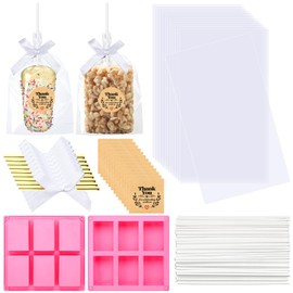 Wavwavw 100 Pcs Clear Rice Krispy Treat Bags with White Sticks Ribbon Stickers 2 Pcs Silicone Crispy Cereal Bar Mold for Rice Krispie Treats Gift Giving Bag Chocolate Dessert Party Packaging Supplies