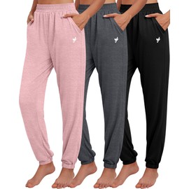 Ficerd 3 Pack Women Sweatpants Trendy Loose Fit Joggers Elastic Sporty Pants Athletic Baggy Lounge Trousers with Pockets (Black, Dark Gray, Pink,L)