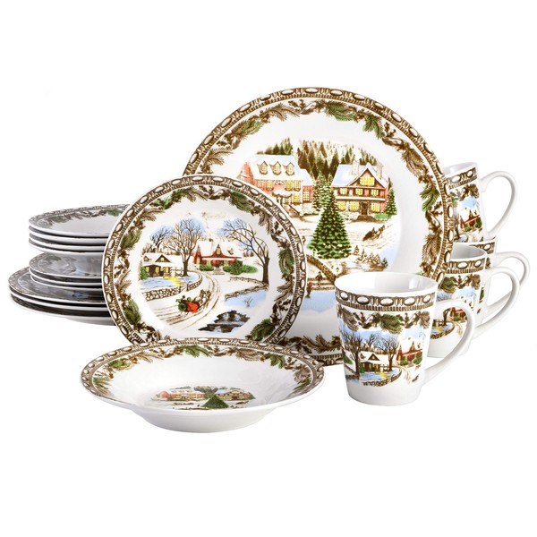Gibson Home Christmas Toile 16 Piece Dinnerware Set, Multicolor -