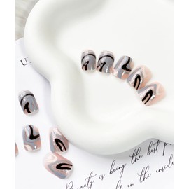 Press on Nails Short Square Fake Nails Full Cover False Nails with Blue White Black Swirl Designs Glitter Glossy False Nails with Nail Glue Artificial Acrylic Nails for Women Girls 24 Pcs