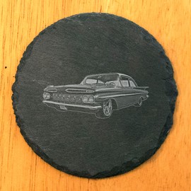 Cruisin' in Style: 1959 Chevy Impala Laser-Etched Coasters - Round Slate - set of 6
