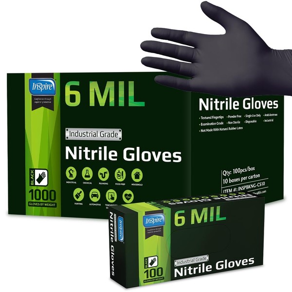 Inspire Black Nitrile Gloves | HEAVY DUTY 6 Mil Nitrile THE ORIGINAL Nitrile Medical Food Cleaning Disposable Gloves (Small, 100, Count)