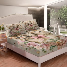 Lovely Cat Bed Sheet Set 3 Pieces,Cute Kitten Pet Animal European Pink Bowknot Cup Bedding Set(No Flat Sheet),Vintage Garden Flowers Butterfly Fitted Sheet,2 Pillow Cases,Double Size