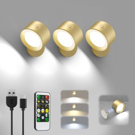 Racokky LED Wall Lights Lamp 3 Color Temperatures & Dimmable Magnetic 360° Rotation with Remote, Wall Sconces 3 Pcs with 3000mAh Rechargeable Battery, Cordless Wall Light for Reading Bedside Hallway