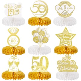 Jiusely Golden Wedding Anniversary Table Decorations 9Pcs, Romantic Honeycomb Table Topper，Golden Wedding Anniversary Table Decorations，Cheers to 50th Wedding Anniversary Honeycomb Table Topper