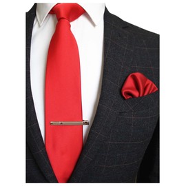 Jemygins Men’s Wedding Ties and Handkerchiefs - Plain Set with Tie Clip - Various Colours - red, size: m