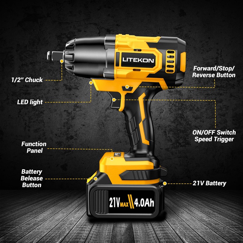 LITEKON Cordless Impact Wrench, MAX 650N.M Brushless Impact Wrench Tool,