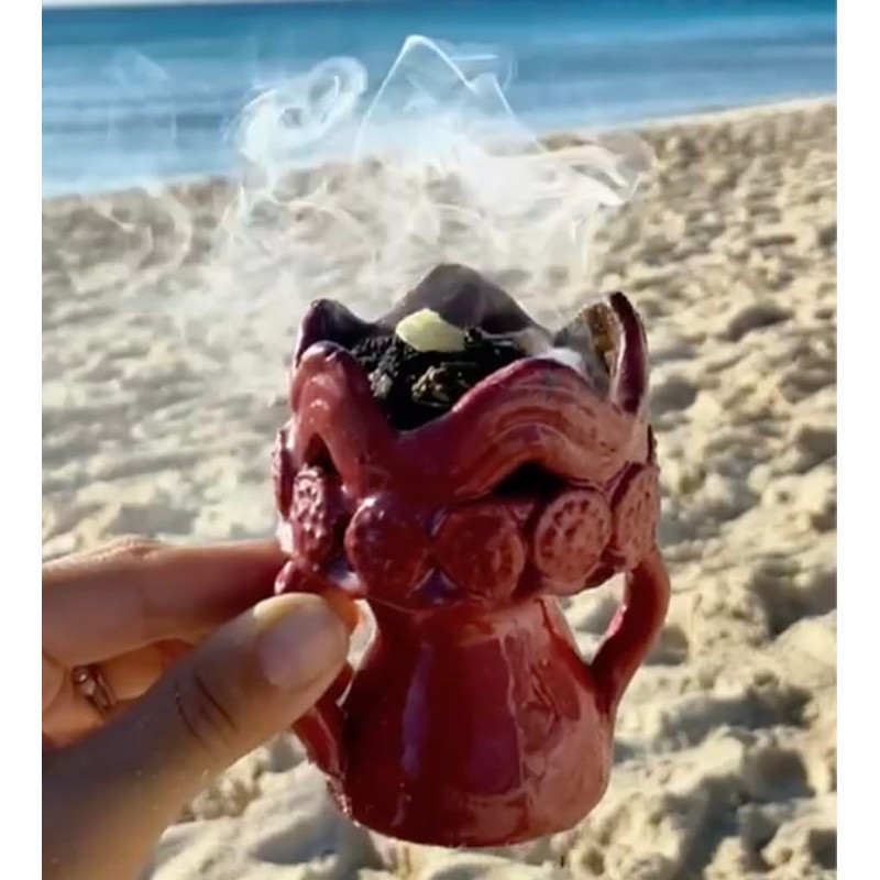 Handmade Glazed Clay Incense Burner Cup with Decorative Crown, Traditional