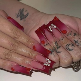 MISUD Press on Nails Long Square Fake Nails Matte Glue on Nails Red Ombre Acrylic Nail Supplies Squoval Artificial Nail Art Flower Butterfly Stick on False Nails with Design DIY 24 pcs