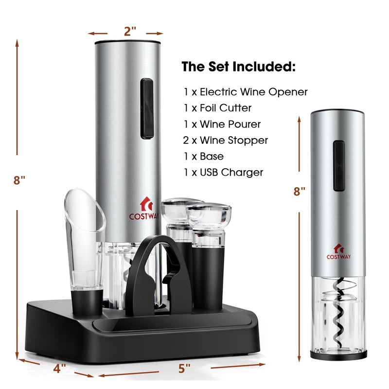 COSTWAY Electric Wine Bottle Opener Set, 6-in-1 Rechargeable Corkscrew Opener