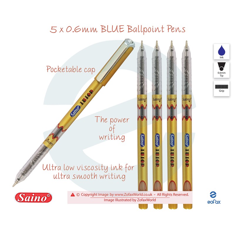 SAINO 5 x 0.6mm Fine Tip Tutor BLUE Ballpoint Pens
