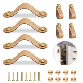 FINEASY Pack of 4 Leather Handles for Furniture, Cabinet Handles, Furniture Handles, Handles for Kitchen Cabinets, Leather Wardrobe Handles with Screws for Kitchen Cabinets, Wardrobe, Door and Home