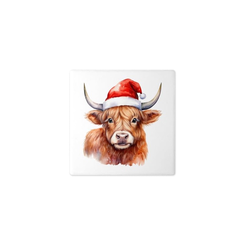 Festive Highland Cow Ceramic Coaster – 10cm x 10cm Handprinted