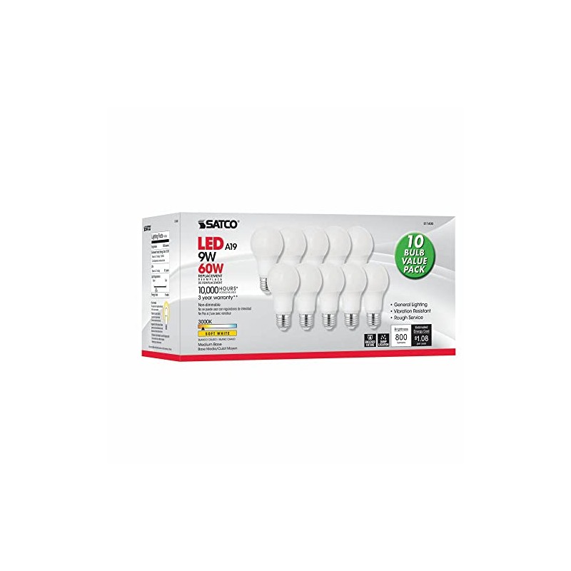 Satco S11400 LED Bulb, 9W, 120V, E26 ANSI Base, Non-Dimmable,