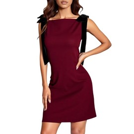 winkbay Women's Bow Mini Dress Square Neck Sleeveless A Line Going Out Dresses Burgundy Large