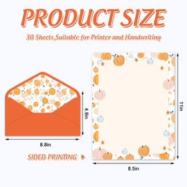 Whaline 30 Pcs Fall Pumpkin Stationery Set with Envelopes Autumn Cute Orange Letter Writing Paper and Envelopes for Thanksgiving Invitation Office School Printing, 8.5 x 11 Inch