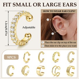 9 Piece Ear Cuff Gold Set for Women, Fake Piercing, Clip-On Earrings, Gold-Plated Ear Cuff Gold with Gift Box, Earrings Set for Multiple Piercings, Silver, No Gemstone