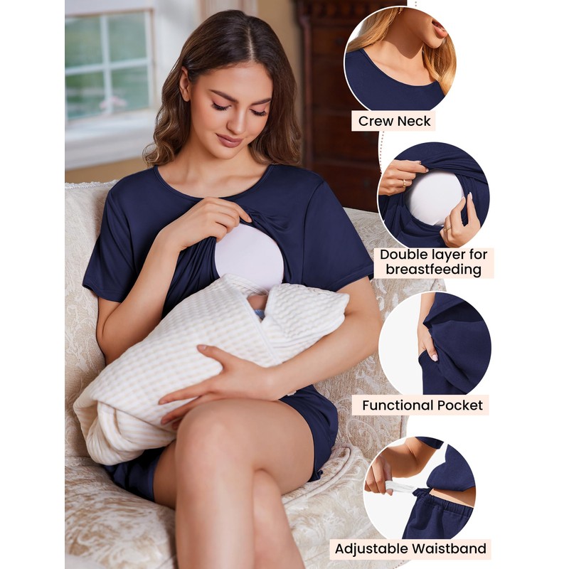 Ekouaer Nursing Pajamas 2 Pack Maternity Sleepwear Double Layer Short