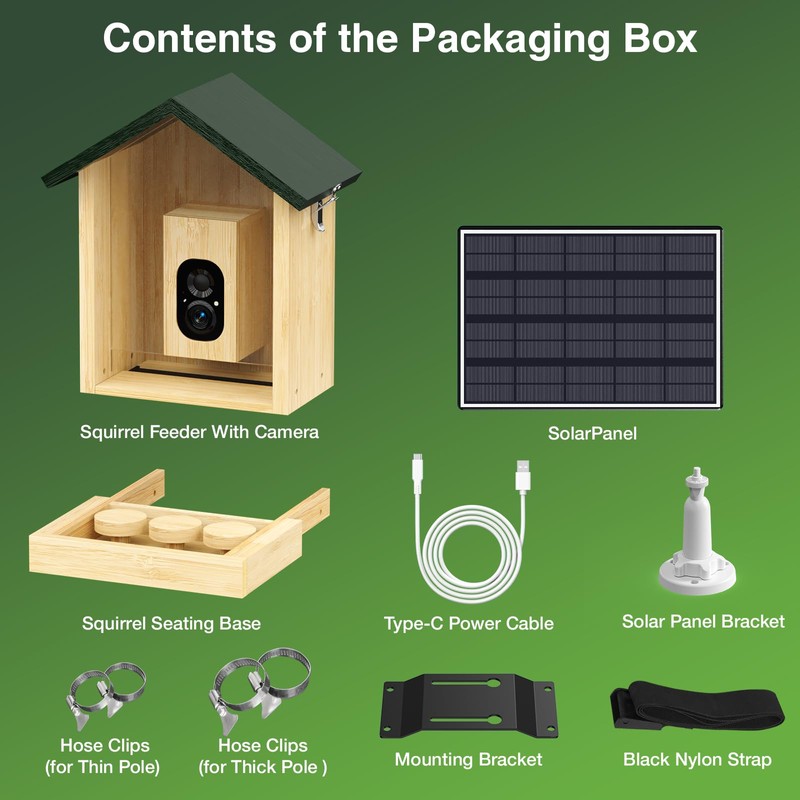 Wooden Squirrel Feeder with Camera, Solar-Powered, 2K HD+ Video