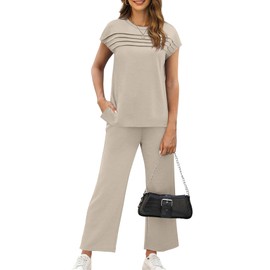WIHOLL Plus Size Two Piece Sets for Women Summer Casual Wide Leg Crop Pants Set Vacation Travel Outfits Matching Sets Womens Clothing Airport Lounge Sets Cap Sleeve Tops Beige XXXL