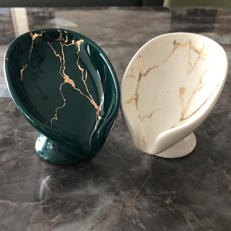 Alagoal Ceramic Soap Dish Elegant Marble Grain, Leaf Design, Self-Draining,Quick-Drying