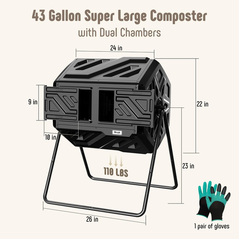 Werph Compost Bin Outdoor Composter, Fast Assembly 43 Gallon Dual