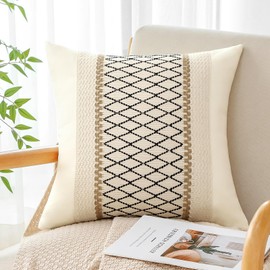 OTOSTAR Boho Decorative Throw Pillow Cover 16x16 Inch, Cotton & Burlap Textured Striped Woven Bohemian Farmhouse Pillow Case Cushion Cover for Sofa Couch Living Room, Beige & Black Grid, 1 PCS