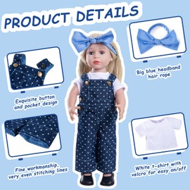 Rakki Dolli Doll Clothes Accessories 3 Pcs Set with Fashion Blue Overalls Bib Pants Jumpsuit & White Short-Sleeved T-Shirt & Blue Headband Hair Rope for Doll 033