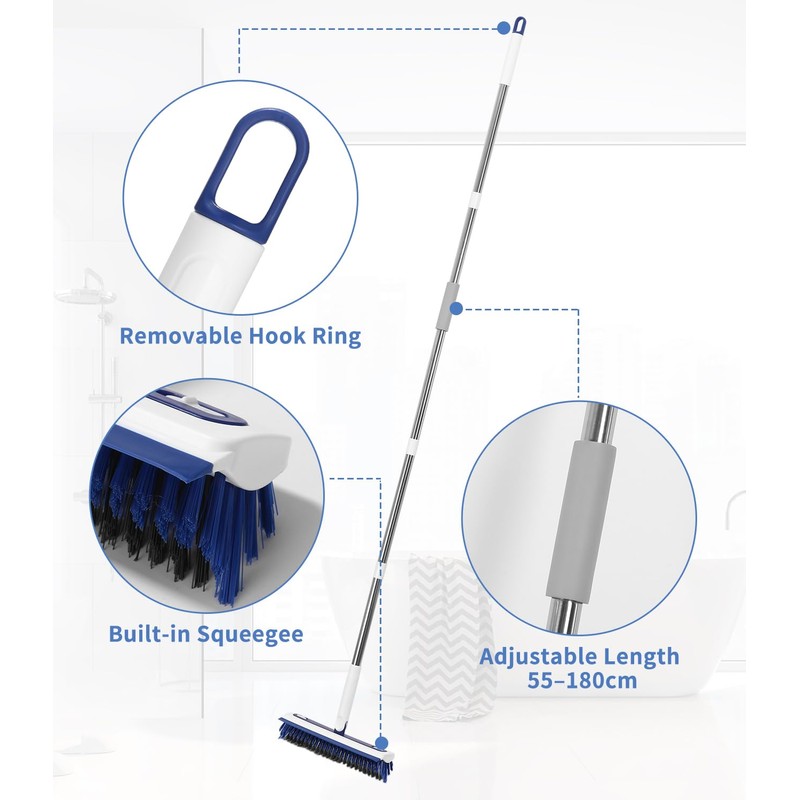 Scrubber with Handle, 2-in-1 Floor Scrubber with Water Pusher &
