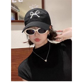 Sumleno Womens Trendy Cute Bow Baseball Cap Y2k Aesthetic Coquette Preppy Sun Cap Hiking Travel Trucker Hat Accessories, Beige Black, One Size