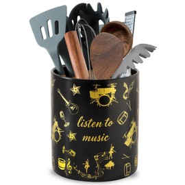 Howise 7" Music Utensil Holder, Large Kitchen Utensil Holder Organizer , Black Stable Utensil Crock Spatula Holder for Kitchen Counter Countertop Farmhouse Cooking Tools Holder（Black