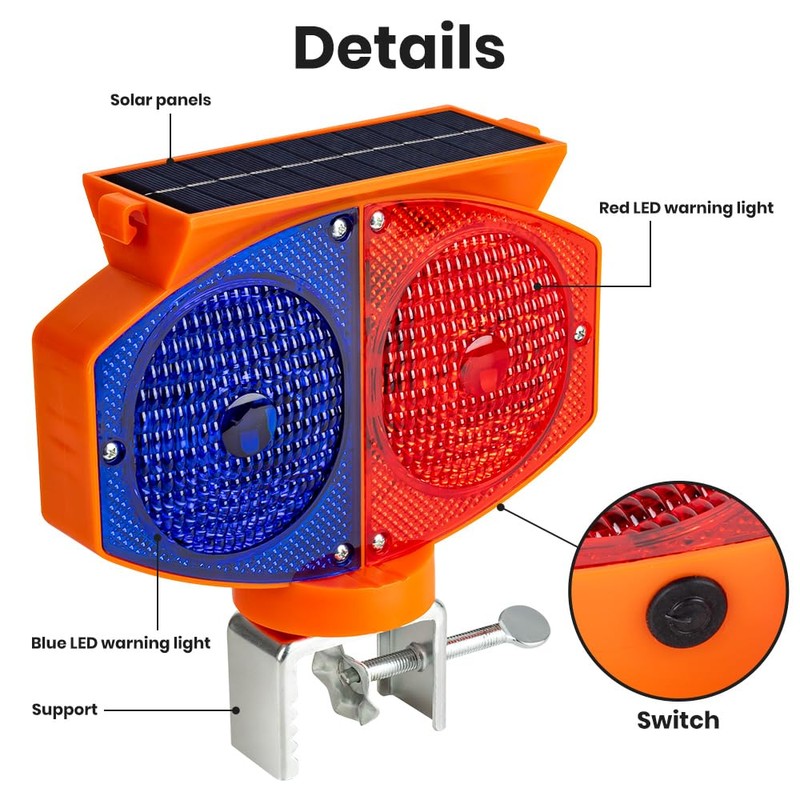 Solar Strobe Warning Light, 3 Working Modes Double Side Red