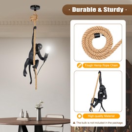 Resin Monkey Wall Light,Adjustable Height Resin Hemp Rope Pendant Lights Industrial Retro Monkey Lamp Wall Light Hanging Ceiling Lamp, E26 Lamp Holder for Dining Living Room Bedroom Bar Cafe -Black