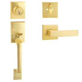 EHOMEWARE 1 Set Entry Door Handle and Single Cylinder Deadbolt Lock and Key Combo Pack - Heavy Duty Square Locking Lever Set - Interior/Exterior Door Levers in Satin Brass Finish