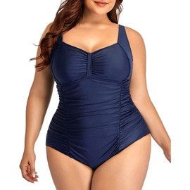 Daci - Traje de baño de una pieza para mujer, talla grande, control de abdomen, estilo clásico, fruncido, traje de baño retro, Azul marino, 20 Plus