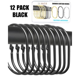 12 Pack Black Shower Curtain Hooks,Gold Shower Curtain Rings,Brushed Nickel Shower Curtain Hooks Rust Proof, Metal Rust Proof Anti-Drop Smooth Shower Hooks for Shower Curtain