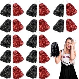 Lovecheer 24PCS Black & Red Metallic Pom Poms with Handle - Team Spirit Cheering for Party, Dance, Sports & More