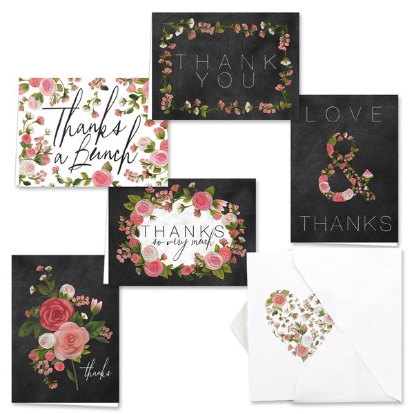 Chalkboard Floral Thank You Card Pack / 36 Thanks Greeting Cards / 6 Chic Floral Chalkboard Designs / 3 1/2" x 4 7/8" Thank You Note Cards/Made In The USA