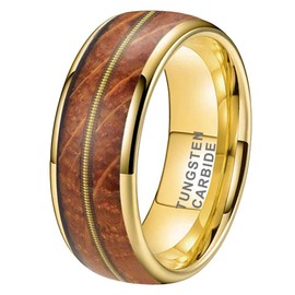 TUTISS 8mm Gold Tungsten Carbide Rings for Men Women Engagement Wedding Bands Whisky Wood Guitar String Inlay Domed Polished Comfort Fit Size 9