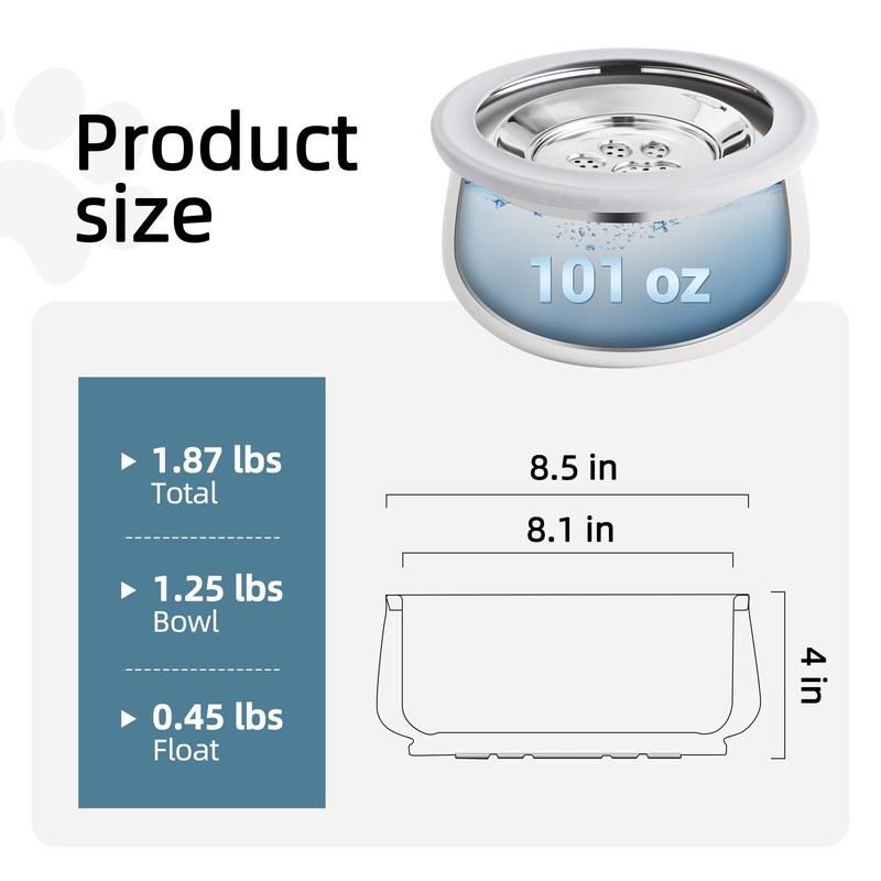 3L/0.8 Gallon No Spill Water Bowl for Dogs, Double-Wall Stainless