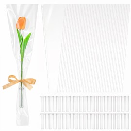 mekueeex ﻿100 Pcs Single Rose Sleeve with 100 Pcs Floral Water Tubes for Bouquets, Single Flower Sleeve Flower Wrapping Bags Flower Water Tubes for Mother's Day Graduation Party(Transparent)